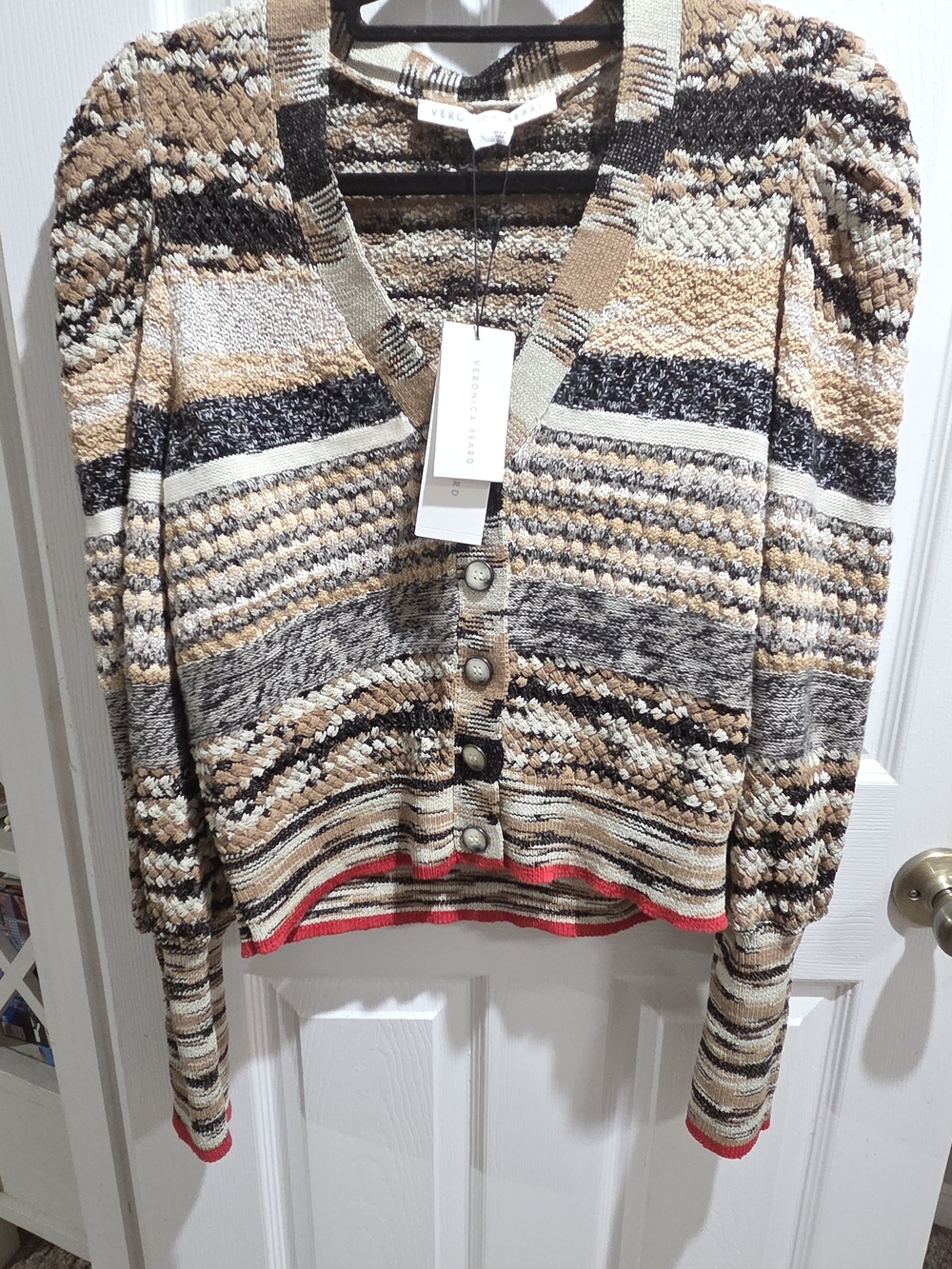 Veronica Beard Beige, Black & Cream Striped Knit Cardigan with Red Trim